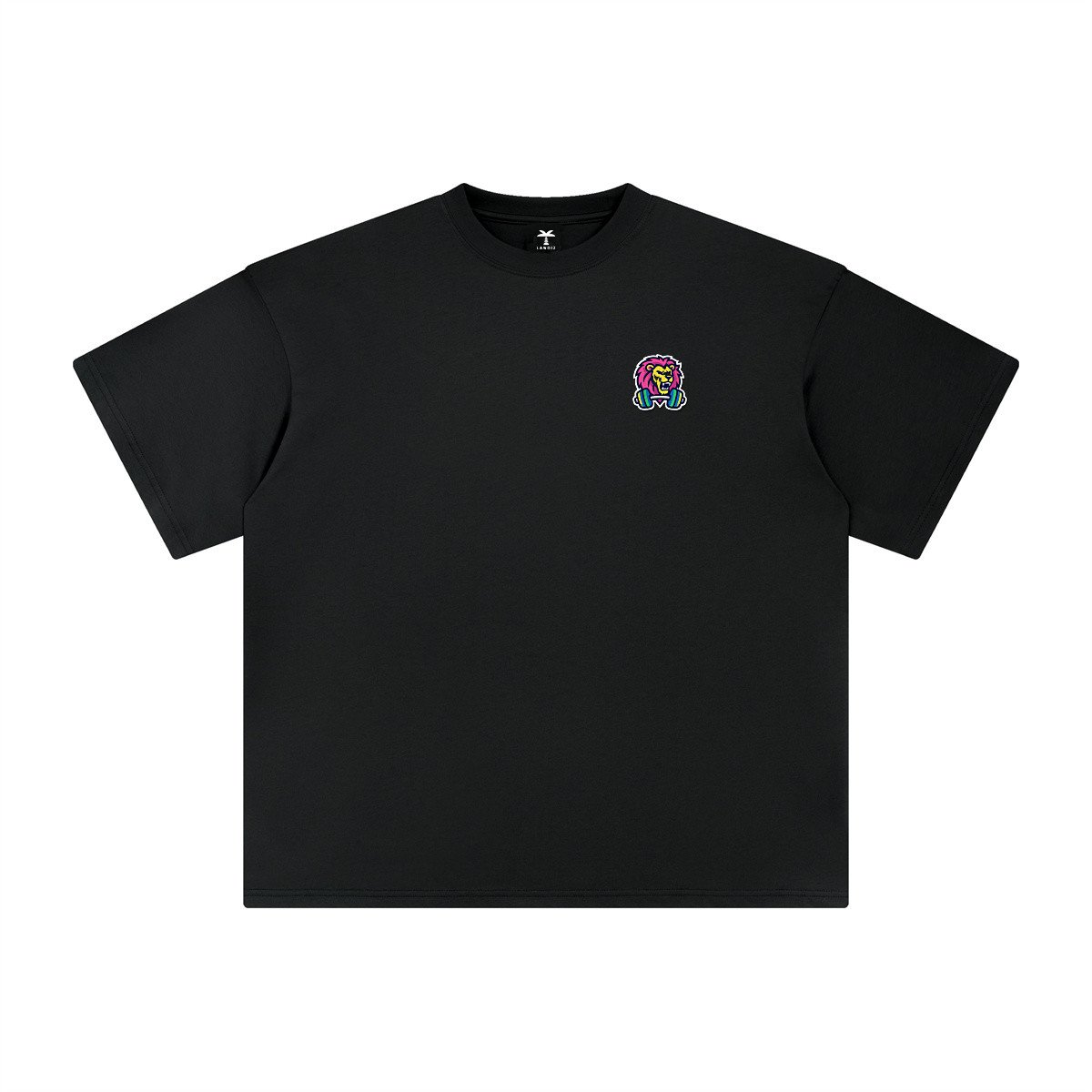 T-shirt oversized brodé Lion haltère – noir – cœur