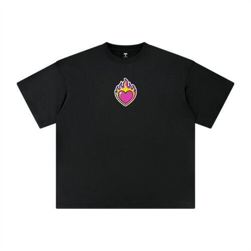 T-shirt oversized brodé Cœur en flammes – noir – centre devant