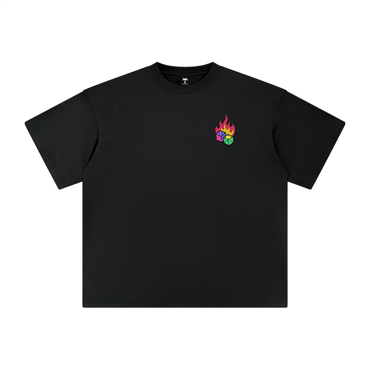 T-shirt oversized brodé Dés en feu – noir – cœur