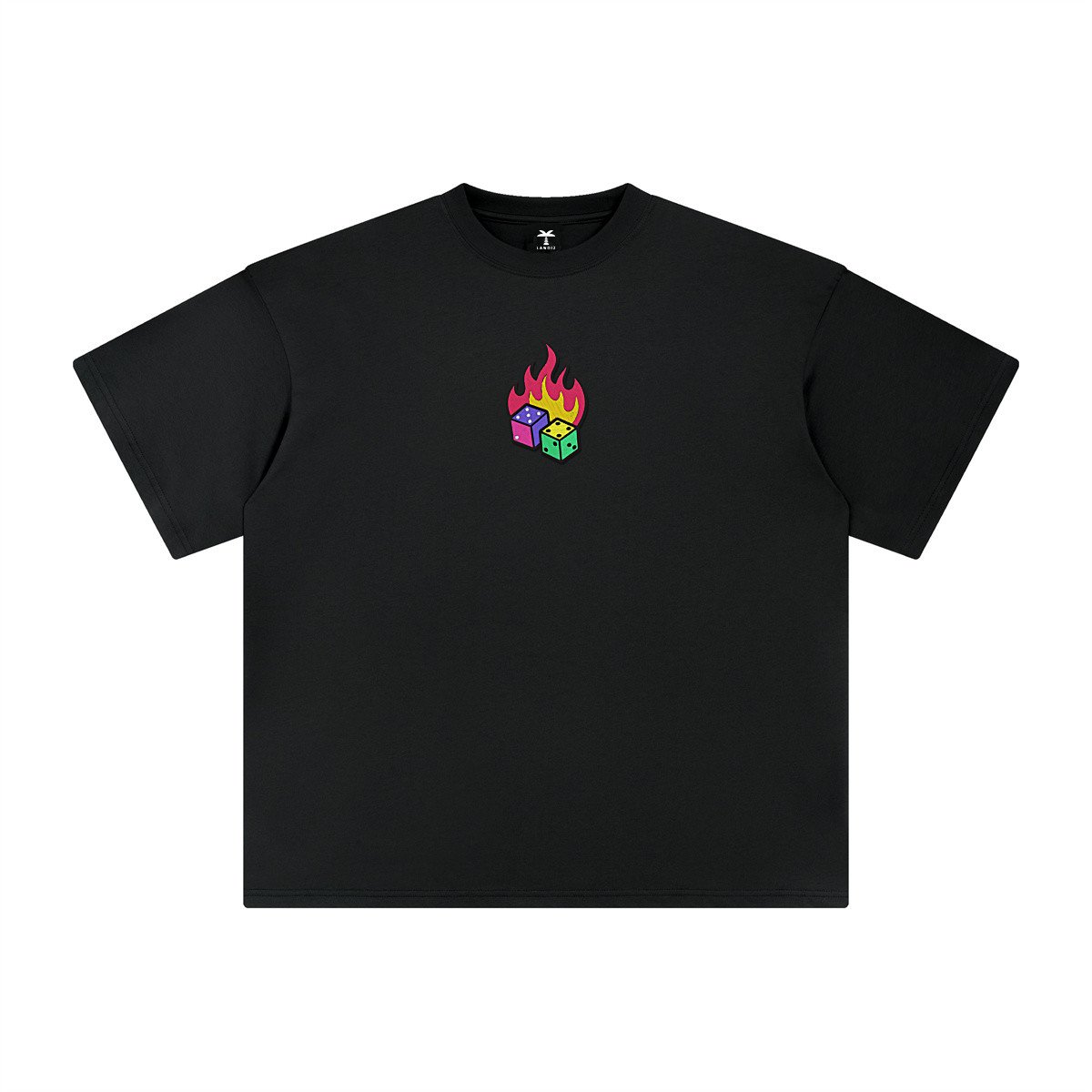 T-shirt oversized brodé Dés en feu – noir – centre devant
