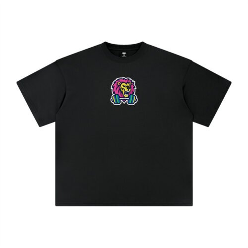 T-shirt oversized brodé Lion haltère – noir – centre devant