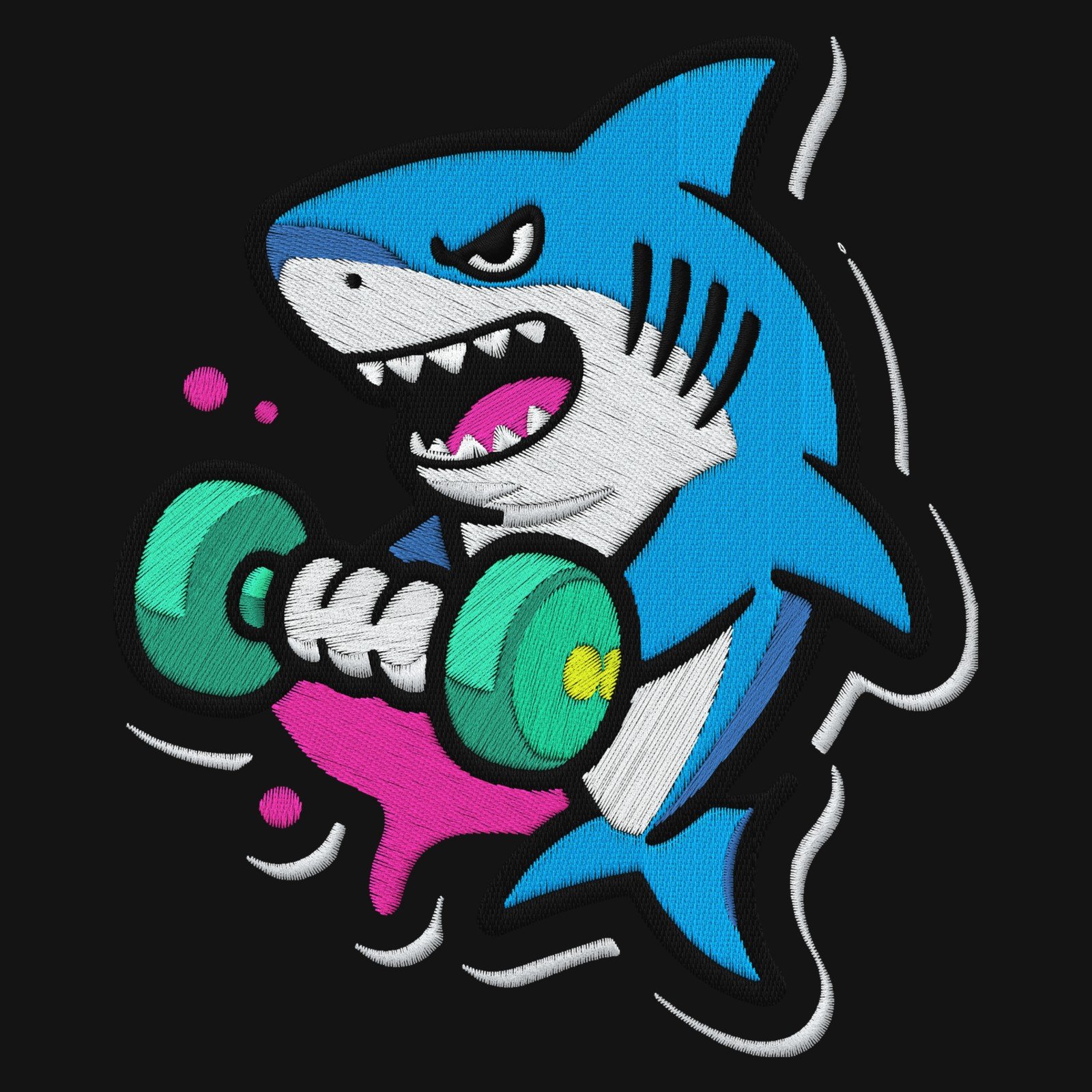 T-shirt oversized brodé Requin haltère – gros plan broderie